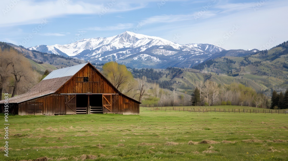 Obraz premium A rustic barn sits in a grassy field with a mountain in the background. The barn is old and has a lot of character. The scene is peaceful and serene, with the barn