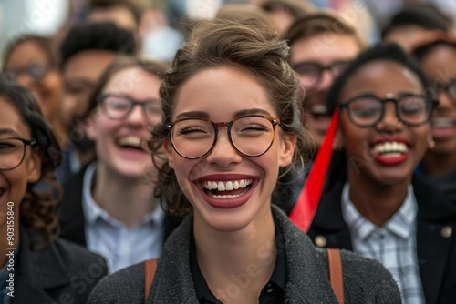 diverse group of beautiful management level business employees, wearing eyeglasses, are smiling and laughing as they look eagerly towards the red ribbon they are about to cut