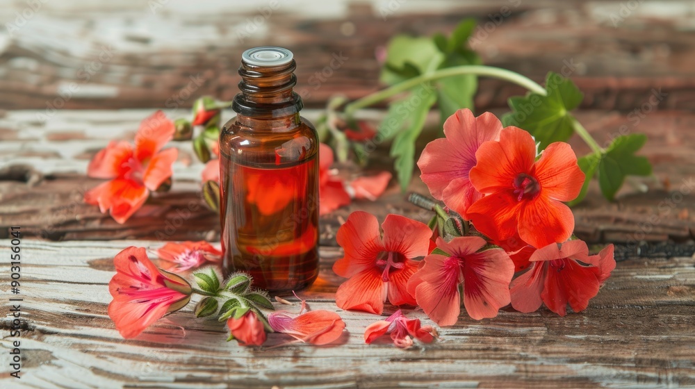 Essential oil of geranium with fresh flowers on aged board Essential oil of geranium with fresh flowers on aged board