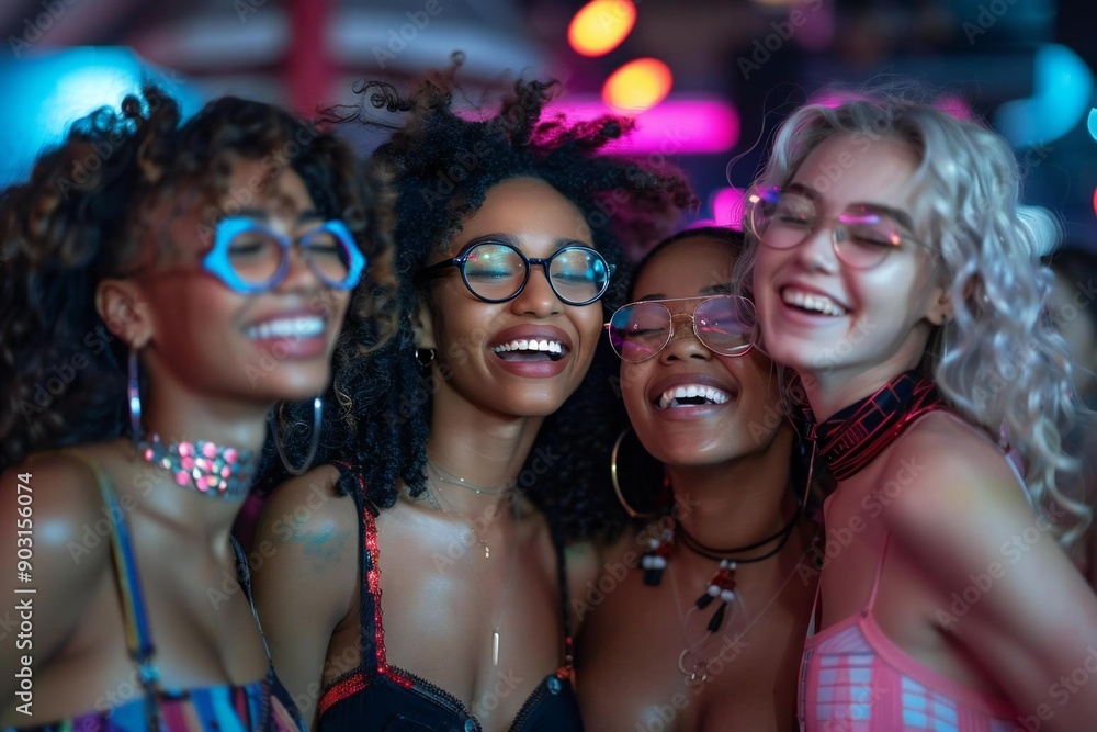 Four beautiful stylish girls are laughing and smiling while wearing eyeglasses as they sing karaoke at the club. They have captivating voices and are looking at the audience with confidence. Four beautiful stylish girls are laughing and smiling while wearing eyeglasses as they sing karaoke at the club. They have captivating voices and are looking at the audience with confidence.