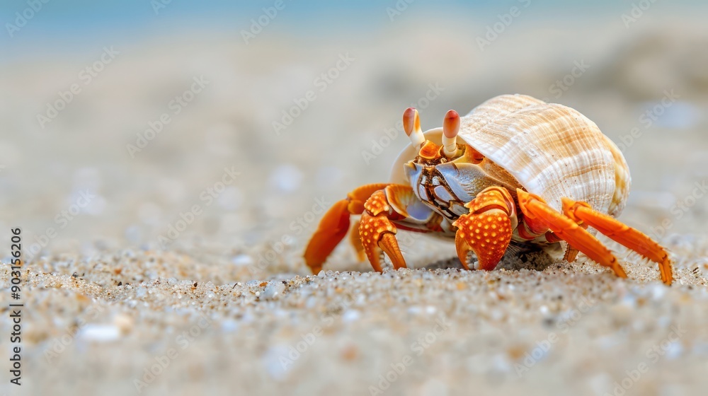 A small orange crab is walking on the beach. The crab is small and has a hard shell A small orange crab is walking on the beach. The crab is small and has a hard shell