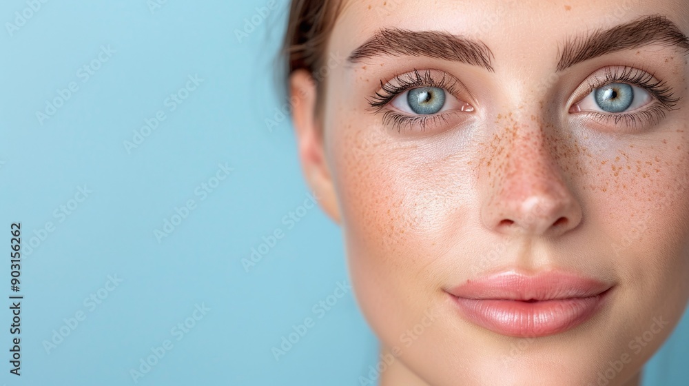 Close-up portrait of a woman with freckles, natural makeup, and clear blue eyes on a blue background. Highlighting fresh beauty, minimalist style, and modern trends in skincare and cosmetics. Close-up portrait of a woman with freckles, natural makeup, and clear blue eyes on a blue background. Highlighting fresh beauty, minimalist style, and modern trends in skincare and cosmetics.