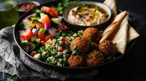 An assorted vegetable platter featuring falafel, pita bread, and a variety of fresh chopped vegetables, accompanied by a creamy dip, perfect for a healthy Mediterranean meal.