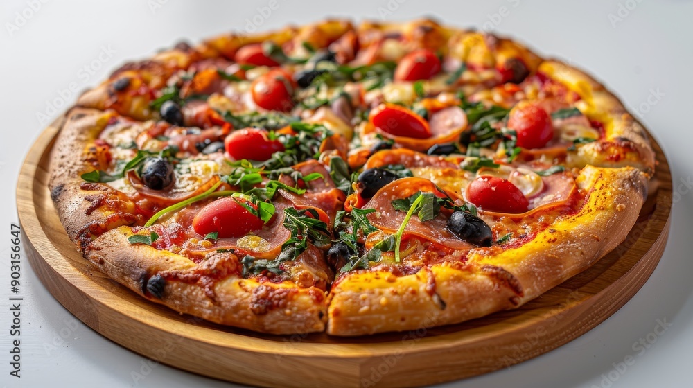 Artisan pizza topped with prosciutto and arugula, served on a wooden plate, against a clean white background Artisan pizza topped with prosciutto and arugula, served on a wooden plate, against a clean white background