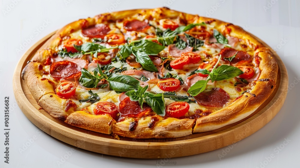 Artisan pizza topped with prosciutto and arugula, served on a wooden plate, against a clean white background Artisan pizza topped with prosciutto and arugula, served on a wooden plate, against a clean white background