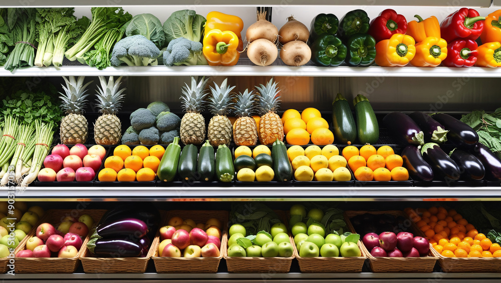 Healthy Fruits and Vegetables Displayed on a Shelf in a Supermarket Healthy Fruits and Vegetables Displayed on a Shelf in a Supermarket