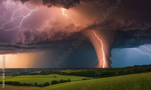 Tornado and lightning. AI generated. photo