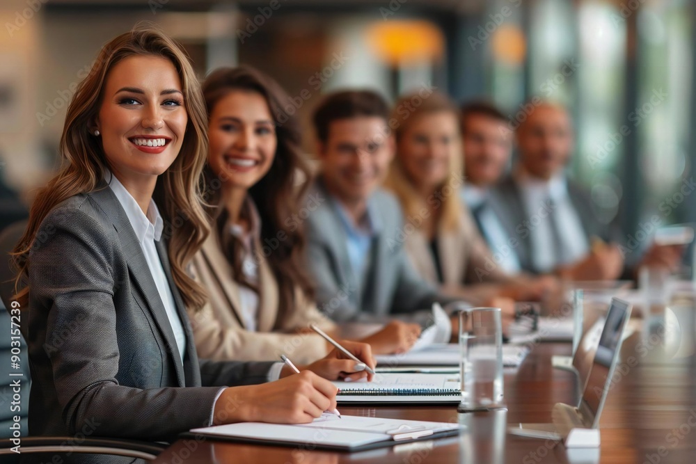 Group of beautiful business executives smiling and taking notes while looking at a presentation during a meeting at the office. Group of beautiful business executives smiling and taking notes while looking at a presentation during a meeting at the office.