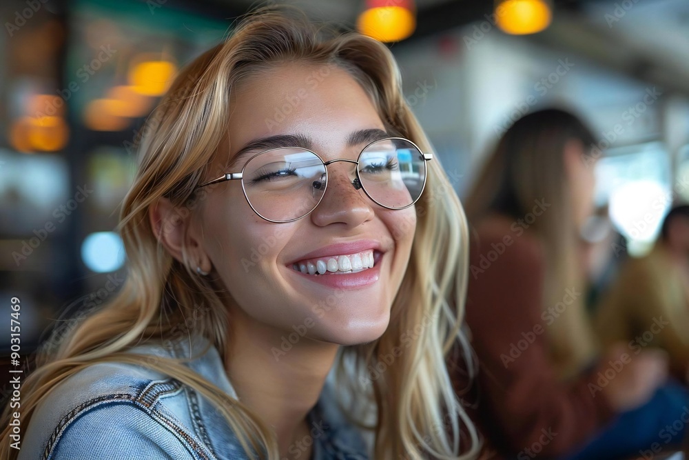 Beautiful young businesspeople wearing eyeglasses smiling and laughing at a video conference in the office, looking attentively at the screen. Beautiful young businesspeople wearing eyeglasses smiling and laughing at a video conference in the office, looking attentively at the screen.