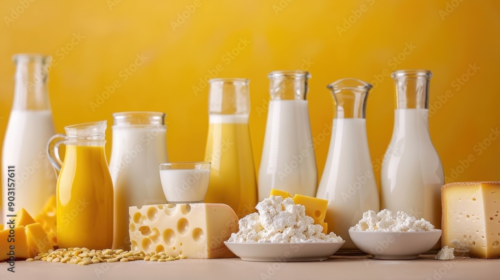 Various dairy products including milk, cheese, and cream arranged on a surface with a yellow background, showcasing the diversity in dairy offerings. Various dairy products including milk, cheese, and cream arranged on a surface with a yellow background, showcasing the diversity in dairy offerings.