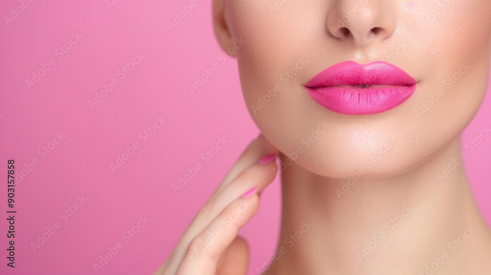 Fototapeta premium Close-up of a woman with vibrant pink lipstick and natural makeup on a pink background. Emphasizing fresh beauty, elegant makeup trends, and a minimalist look with focus on glossy pink lips.