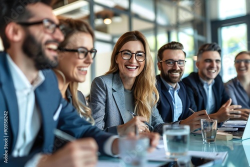 Wallpaper Mural Beautiful group of business people smiling and laughing while taking notes at the meeting, all wearing stylish eyeglasses and looking attentively at the speaker. Torontodigital.ca