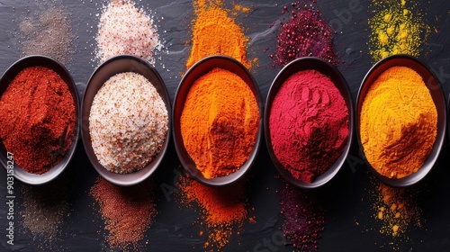 An assortment of various colorful ground spices arranged in bowls, displayed artistically on a dark background, representing diverse flavors and culinary arts. photo