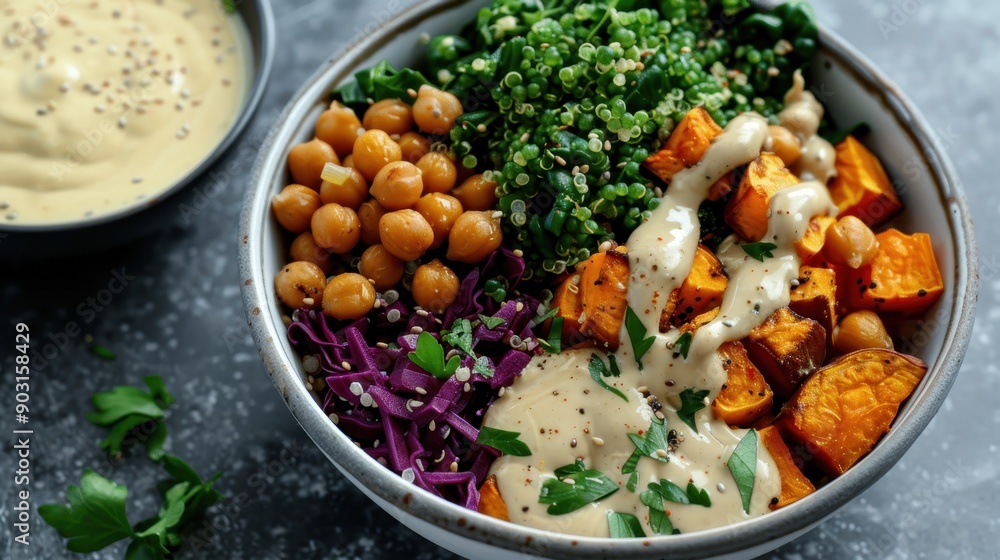 A vibrant bowl featuring chickpeas, roasted sweet potatoes, kale, and quinoa, topped with a tangy tahini dressing. This health-conscious meal illustrates a balanced combination of protein, fiber, and A vibrant bowl featuring chickpeas, roasted sweet potatoes, kale, and quinoa, topped with a tangy tahini dressing. This health-conscious meal illustrates a balanced combination of protein, fiber, and