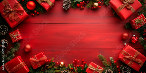 a background for chistmas advertising, a red wooden table, top view with christmas decoration
