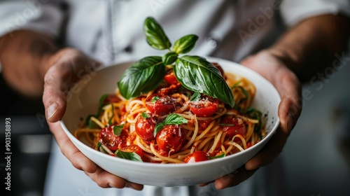 A classic Italian spaghetti dish garnished with fresh basil leaves and cherry tomatoes, elegantly presented in a white bowl by a chef's hands, ready to be served. photo