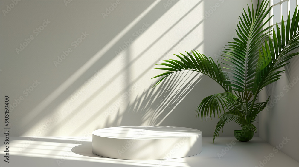 Platform, white room, cylinder podium, palm leaf Platform, white room, cylinder podium, palm leaf