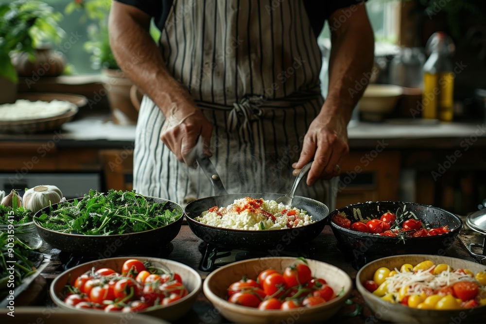 A chef is seen skillfully preparing a variety of colorful dishes in a vibrant, bustling kitchen, reflecting a passion for culinary artistry and the love for fresh ingredients. A chef is seen skillfully preparing a variety of colorful dishes in a vibrant, bustling kitchen, reflecting a passion for culinary artistry and the love for fresh ingredients.