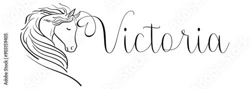 Victoria - colore nero - nome scritto - grafica vettoriale con cavallo stilizzato con cuore - per siti web, auguri, banner, biglietti, tag, t-shirt, felpe, stampe, cricut, silhouette, scrapbooking