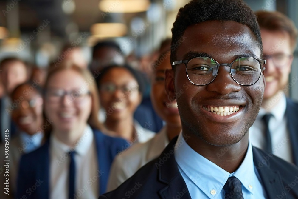 1. A group of beautiful male and female businesspeople smiling and laughing while wearing eyeglasses during a video conference. 2. The team of workers is looking at the camera 1. A group of beautiful male and female businesspeople smiling and laughing while wearing eyeglasses during a video conference. 2. The team of workers is looking at the camera