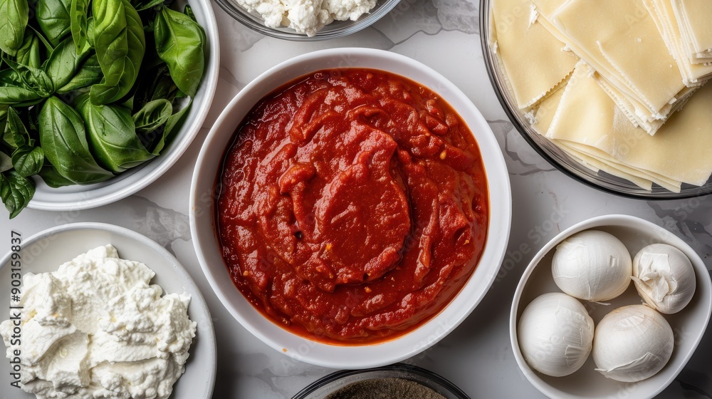 An assortment of lasagna ingredients like lasagna sheets, fresh basil, tomato sauce, ricotta cheese, and mozzarella balls, neatly arranged on a light-colored surface. An assortment of lasagna ingredients like lasagna sheets, fresh basil, tomato sauce, ricotta cheese, and mozzarella balls, neatly arranged on a light-colored surface.