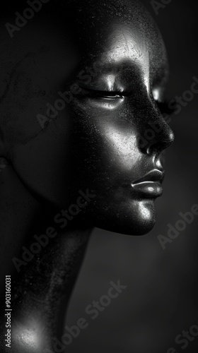Glossy black mannequin head on a dark background. © Edik