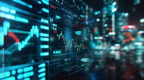 Digital Stock Market Display with Charts and Graphs. High-Tech Financial Data Visualization Showing Market Trends and Analytics for Investors.