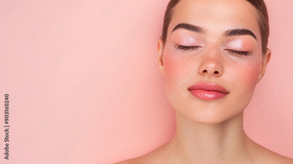 Close-up portrait of a woman with soft pink eyeshadow, glossy lips, and natural makeup on a pink background. Showcasing fresh beauty, elegance, and minimalist makeup trends. Close-up portrait of a woman with soft pink eyeshadow, glossy lips, and natural makeup on a pink background. Showcasing fresh beauty, elegance, and minimalist makeup trends.