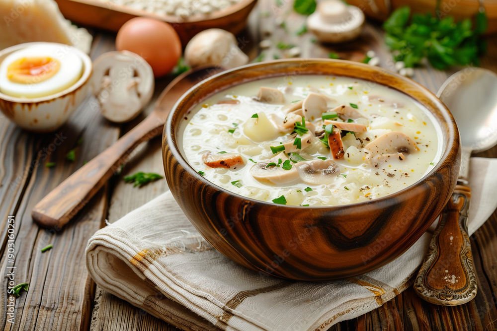 Zurek - polish fermented rye soup with traditional polish white kielbasa or sausage with marjoram, hard-boiled eggs Zurek - polish fermented rye soup with traditional polish white kielbasa or sausage with marjoram, hard-boiled eggs