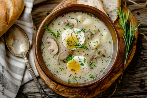 Zurek - polish fermented rye soup with traditional polish white kielbasa or sausage with marjoram, hard-boiled eggs photo