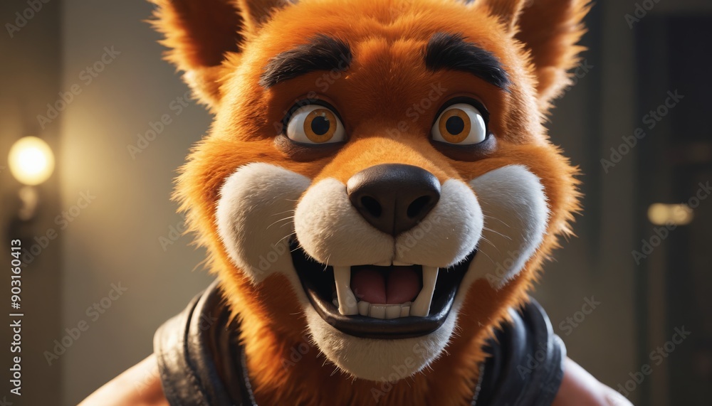 A cheerful orange furry creature wearing a cap and backpack smiles brightly in a well-lit room A cheerful orange furry creature wearing a cap and backpack smiles brightly in a well-lit room