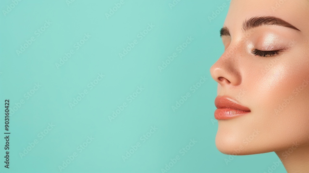 Side profile portrait of a woman with soft makeup and glowing skin against a light blue background. Emphasizing natural beauty, simplicity, and contemporary makeup trends. Side profile portrait of a woman with soft makeup and glowing skin against a light blue background. Emphasizing natural beauty, simplicity, and contemporary makeup trends.
