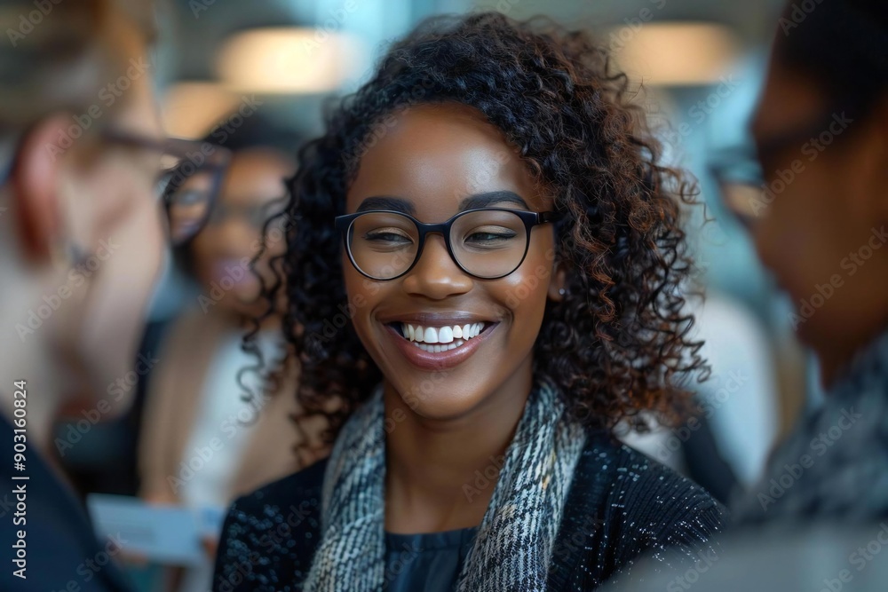 The beautiful African American woman is smiling and laughing while exchanging business cards with her team in the office, all wearing stylish eyeglasses and looking at each other The beautiful African American woman is smiling and laughing while exchanging business cards with her team in the office, all wearing stylish eyeglasses and looking at each other