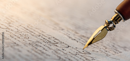 Fountain pen on an antique handwritten letter. Vintage nib pen and handwritten english cursive style font copperplate, spencerian. Old history background. Retro style.