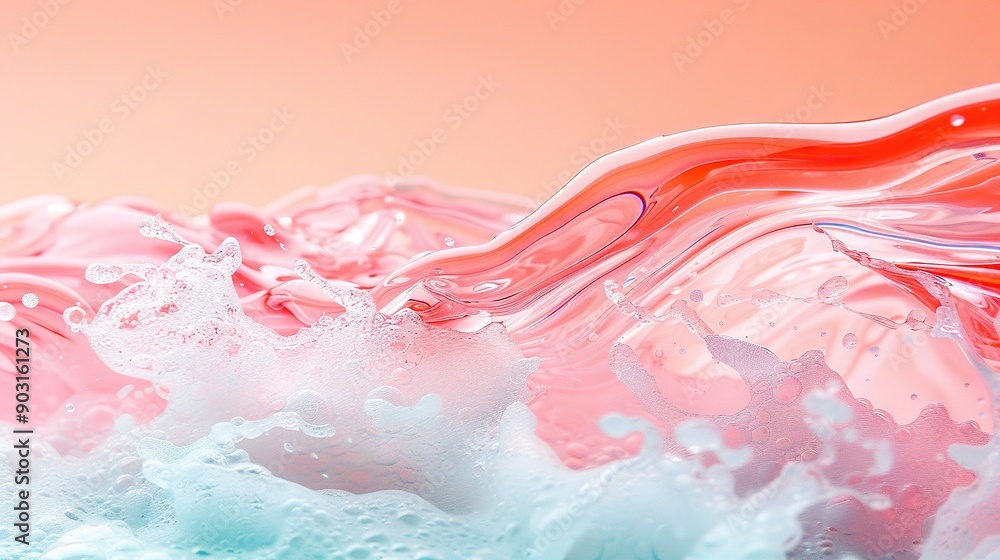 A close-up of a pink and blue wave on a white background with a pink sky in the background A close-up of a pink and blue wave on a white background with a pink sky in the background