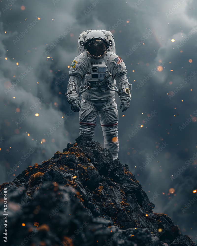 astronaut in a spacesuit standing on a rocky peak with a dramatic, cloudy background. Glowing particles are floating around, creating a surreal and otherworldly atmosphere astronaut in a spacesuit standing on a rocky peak with a dramatic, cloudy background. Glowing particles are floating around, creating a surreal and otherworldly atmosphere