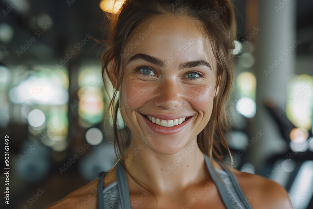A fit muscular female personal trainer smiling at the camera in a gym, close up A fit muscular female personal trainer smiling at the camera in a gym, close up