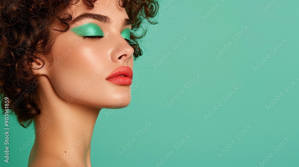 Side profile portrait of a woman with green eyeshadow, closed eyes, and red lips against a green background. Highlighting natural beauty, bold makeup, and contemporary style. Side profile portrait of a woman with green eyeshadow, closed eyes, and red lips against a green background. Highlighting natural beauty, bold makeup, and contemporary style.