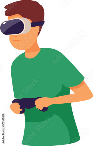 Young adult man is wearing a virtual reality headset and holding a gamepad