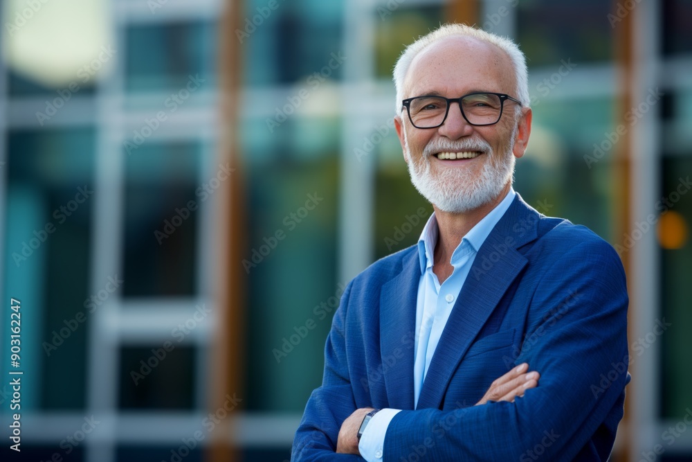 A man in a blue suit and glasses is smiling and posing for a photo. Concept of confidence and professionalism, as the man is dressed in a business suit and is smiling for the camera A man in a blue suit and glasses is smiling and posing for a photo. Concept of confidence and professionalism, as the man is dressed in a business suit and is smiling for the camera
