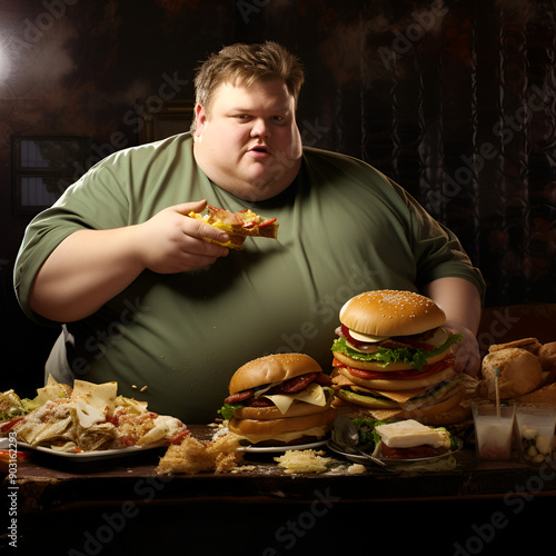 fat men eating fast food