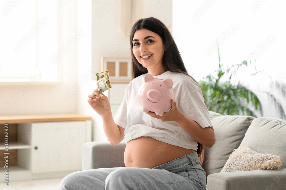 Young pregnant woman with piggy bank and money sitting on sofa at home. Maternal Benefit concept Young pregnant woman with piggy bank and money sitting on sofa at home. Maternal Benefit concept