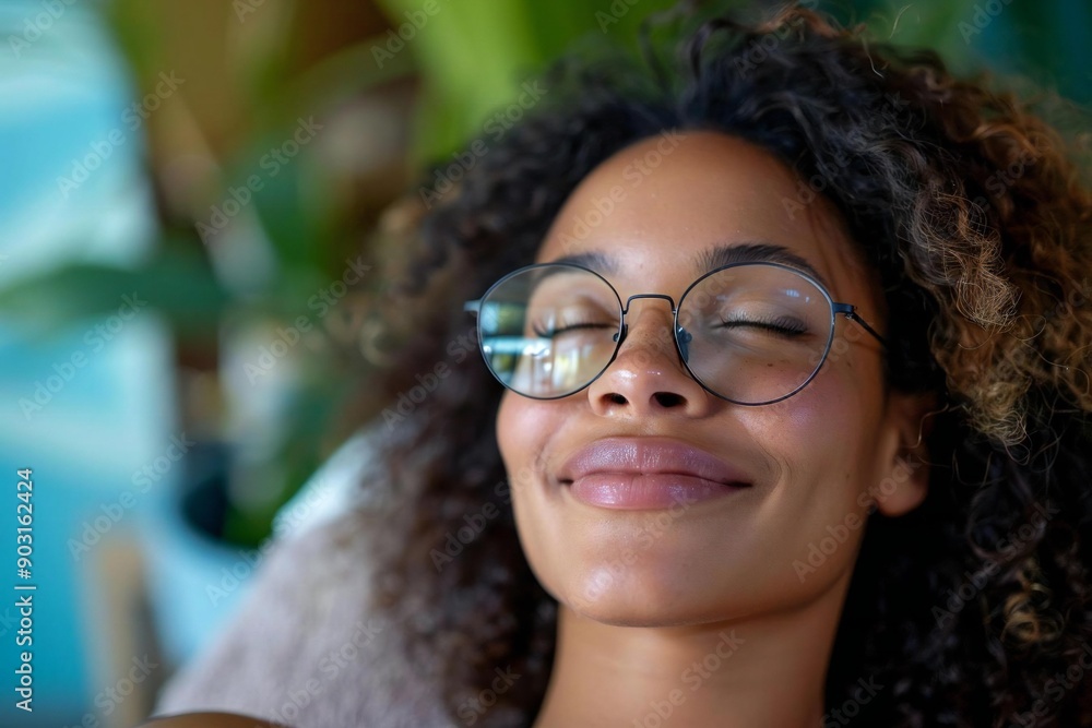 The beautiful woman wearing eyeglasses is smiling and looking relaxed as she receives a massage in the spa salon. The beautiful woman wearing eyeglasses is smiling and looking relaxed as she receives a massage in the spa salon.