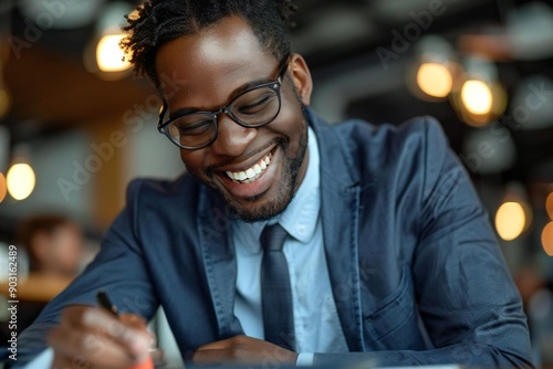 Beautiful business man wearing eyeglasses smiling and laughing while pressing a rubber stamp on a document, looking down at the paperwork in an office setting.