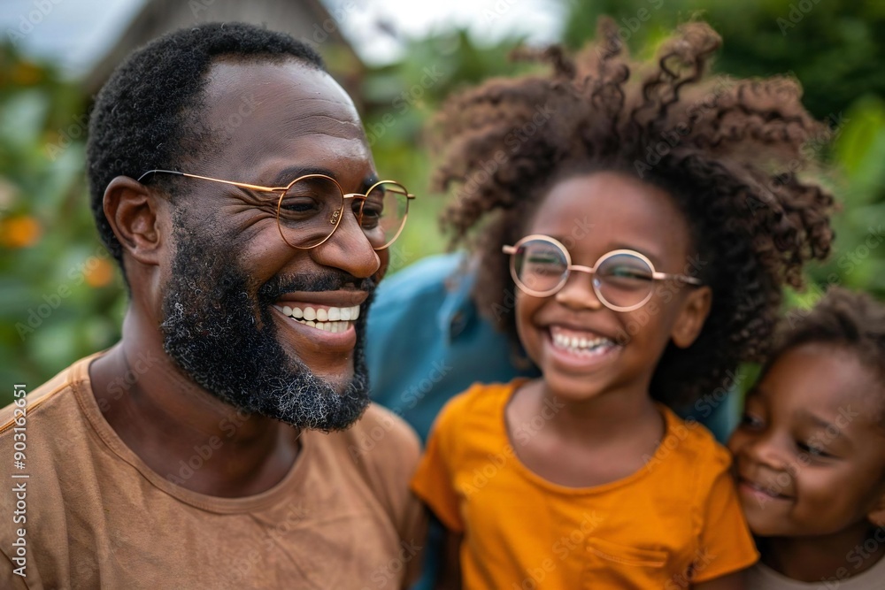 The beautiful family is smiling and laughing while wearing eyeglasses, happily looking at each other outside their new green home. The beautiful family is smiling and laughing while wearing eyeglasses, happily looking at each other outside their new green home.