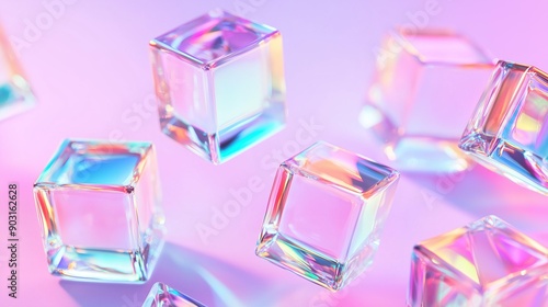 holographic glass cubes levitating on a pastel purple background