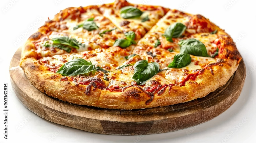 Artisan pizza topped with prosciutto and arugula, served on a wooden plate, against a clean white background Artisan pizza topped with prosciutto and arugula, served on a wooden plate, against a clean white background