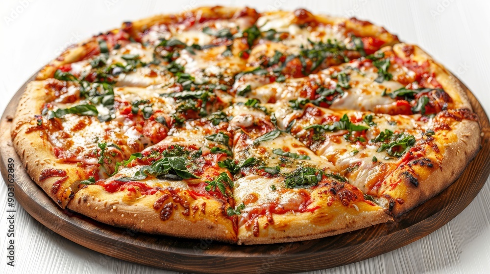 Artisan pizza topped with prosciutto and arugula, served on a wooden plate, against a clean white background Artisan pizza topped with prosciutto and arugula, served on a wooden plate, against a clean white background