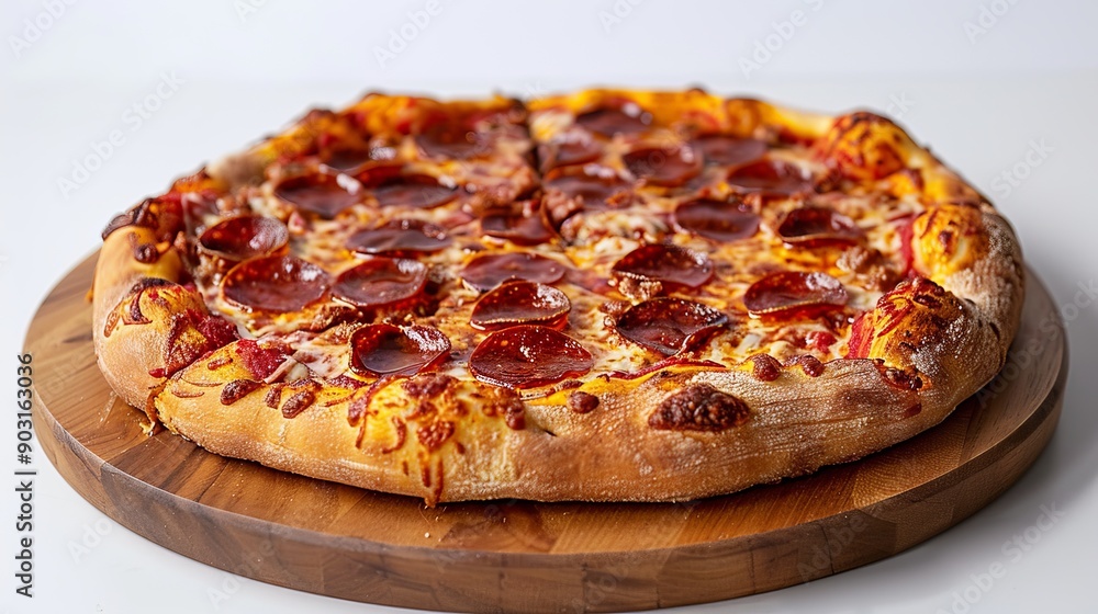 Artisan pizza topped with prosciutto and arugula, served on a wooden plate, against a clean white background Artisan pizza topped with prosciutto and arugula, served on a wooden plate, against a clean white background