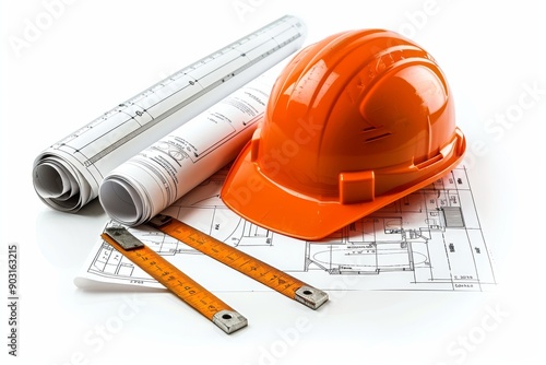 Clean white backdrop with hard hat, blueprints, and rulers, isolated